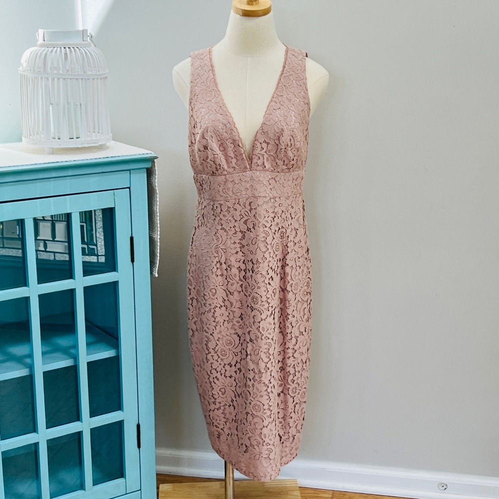 Trina Turk Dusty Rose Floral Lace V-Neck Sheath Midi Dress TD176022 Pink Size 8